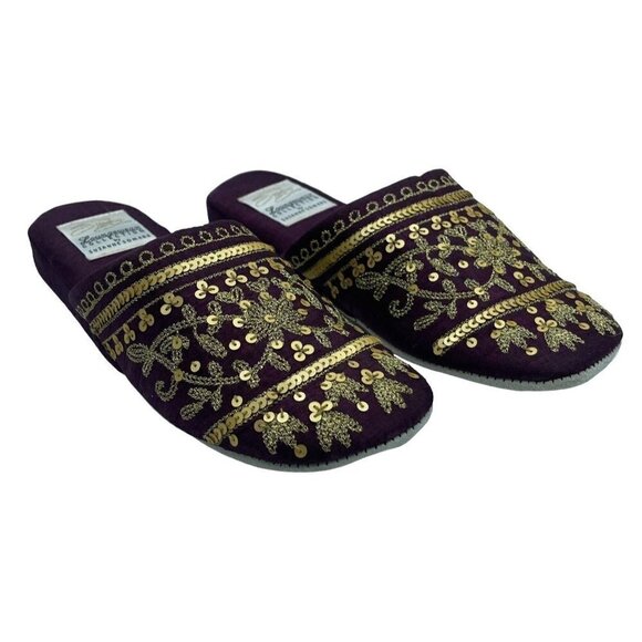 Suzanne Somers Loungewear Collection Slippers Burgundy Gold Beaded House Shoes - Picture 2 of 8